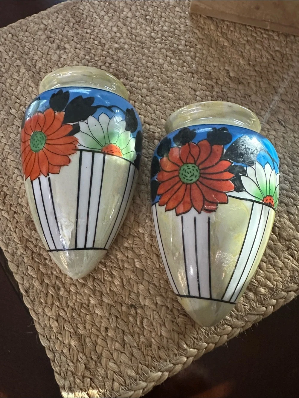 Pair of Floral Japanese Wall Pockets in Blue, Orange and Cream